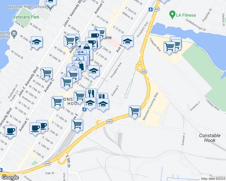 map of restaurants, bars, coffee shops, grocery stores, and more near 114 Prospect Avenue in Bayonne