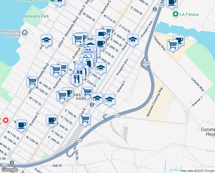 map of restaurants, bars, coffee shops, grocery stores, and more near 294 Avenue E in Bayonne