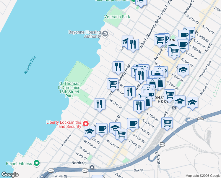 map of restaurants, bars, coffee shops, grocery stores, and more near 497 John F. Kennedy Boulevard in Bayonne