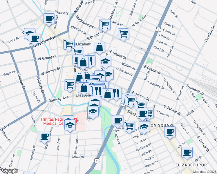 map of restaurants, bars, coffee shops, grocery stores, and more near 35-39 Morrell Street in Elizabeth