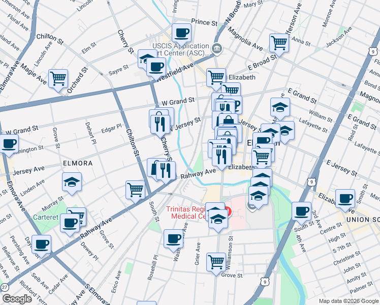 map of restaurants, bars, coffee shops, grocery stores, and more near 57-77 Murray Street in Elizabeth