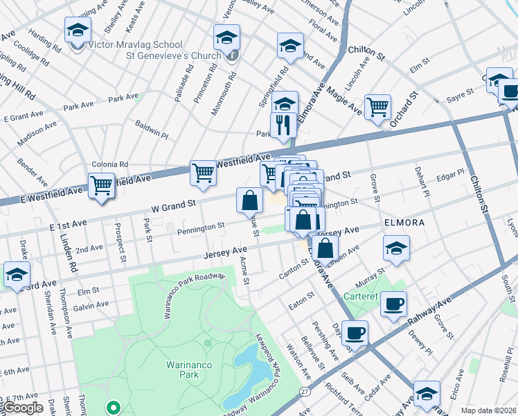 map of restaurants, bars, coffee shops, grocery stores, and more near 760 West Grand Street in Elizabeth