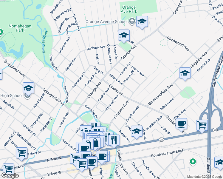 map of restaurants, bars, coffee shops, grocery stores, and more near 605 Linden Place in Cranford