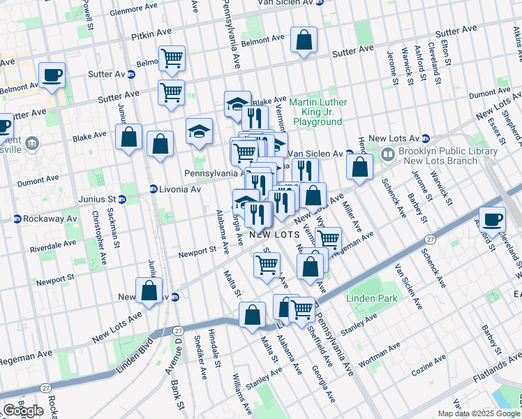 map of restaurants, bars, coffee shops, grocery stores, and more near 574 Granville Payne Avenue in Brooklyn