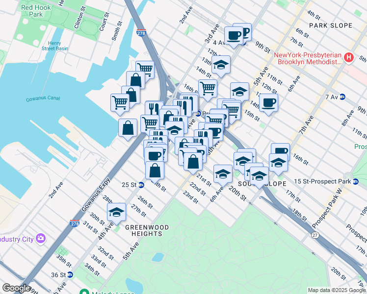 map of restaurants, bars, coffee shops, grocery stores, and more near 189 20th Street in Brooklyn