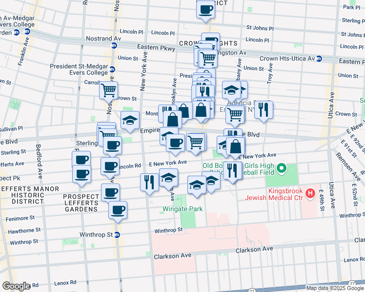 map of restaurants, bars, coffee shops, grocery stores, and more near 501 Lefferts Avenue in Brooklyn