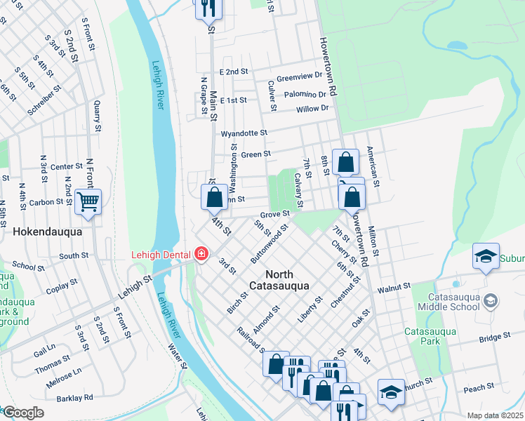 map of restaurants, bars, coffee shops, grocery stores, and more near 533 Penn Street in Catasauqua