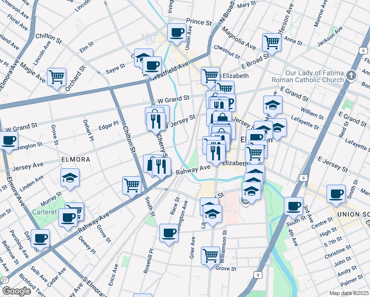map of restaurants, bars, coffee shops, grocery stores, and more near 78 Murray Street in Elizabeth