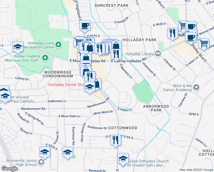 map of restaurants, bars, coffee shops, grocery stores, and more near 1920 East Rodeo Walk Drive in Holladay