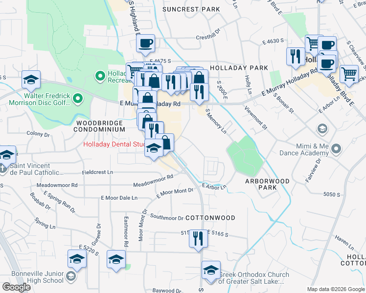 map of restaurants, bars, coffee shops, grocery stores, and more near 1916 East Rodeo Walk Drive in Holladay