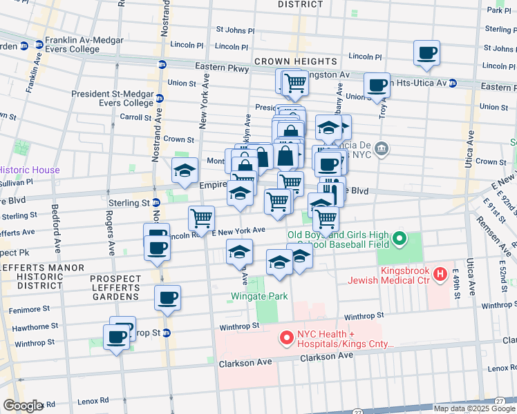 map of restaurants, bars, coffee shops, grocery stores, and more near 501 Lefferts Avenue in Brooklyn