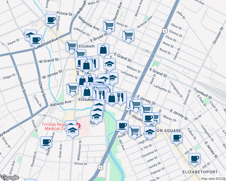 map of restaurants, bars, coffee shops, grocery stores, and more near 35-39 Morrell Street in Elizabeth