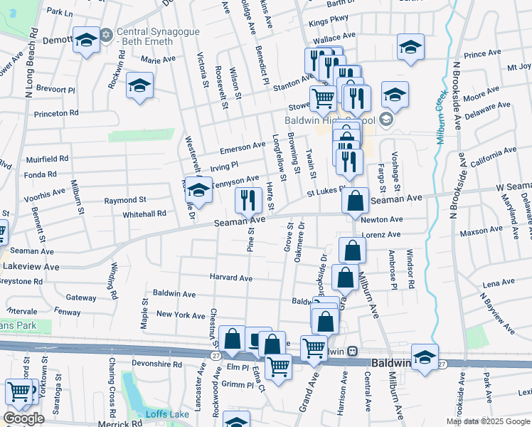 map of restaurants, bars, coffee shops, grocery stores, and more near 1933 Harte Street in Baldwin