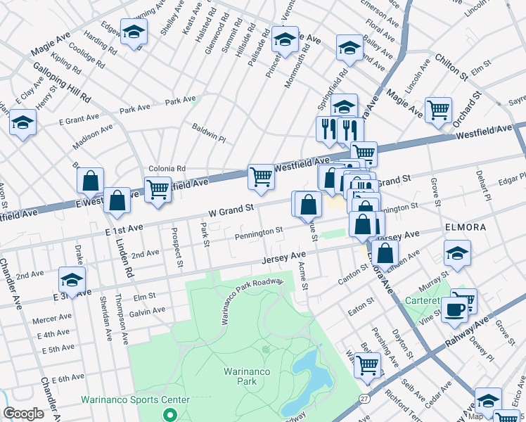 map of restaurants, bars, coffee shops, grocery stores, and more near 854 West Grand Street in Elizabeth