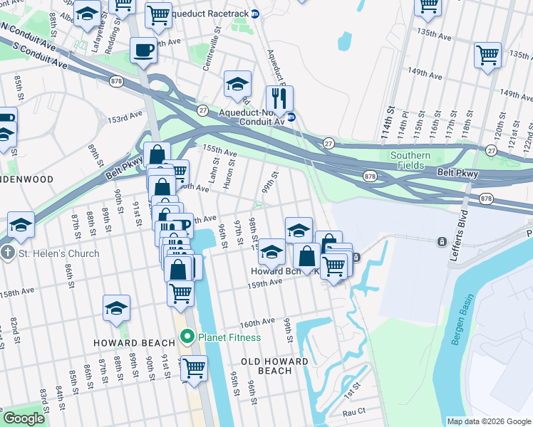 map of restaurants, bars, coffee shops, grocery stores, and more near 99-15 157th Avenue in Queens