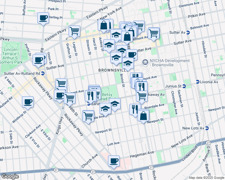 map of restaurants, bars, coffee shops, grocery stores, and more near 694 Thomas S Boyland Street in Brooklyn
