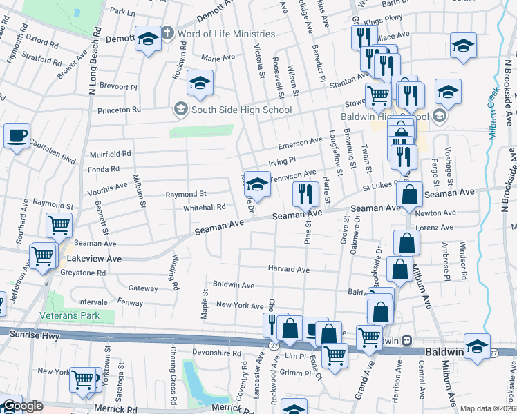 map of restaurants, bars, coffee shops, grocery stores, and more near 501 Seaman Avenue in Baldwin