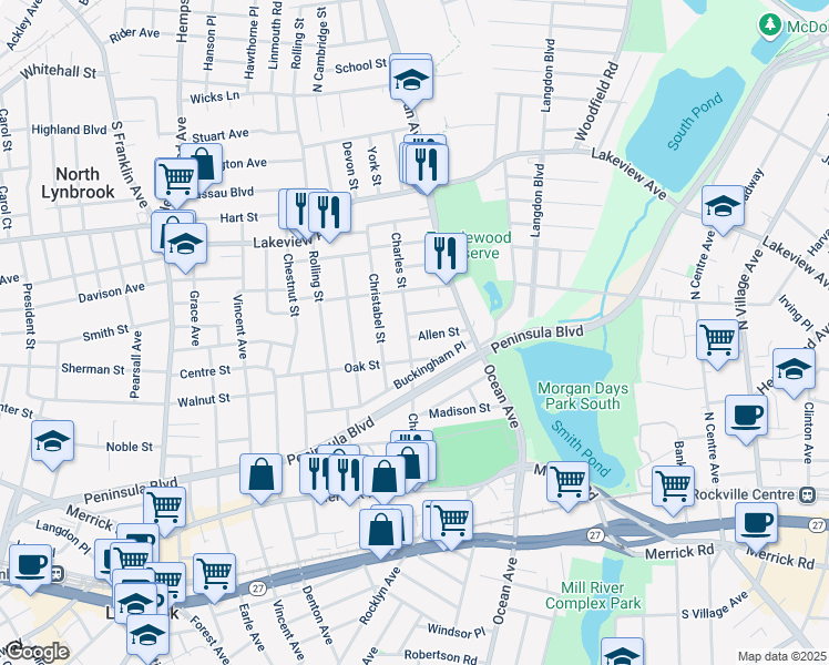 map of restaurants, bars, coffee shops, grocery stores, and more near 137 Charles Street in Lynbrook