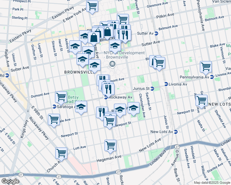 map of restaurants, bars, coffee shops, grocery stores, and more near 275 Livonia Avenue in Brooklyn