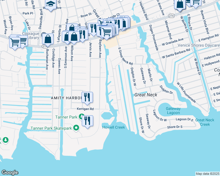 map of restaurants, bars, coffee shops, grocery stores, and more near 239 Mariners Way in Copiague