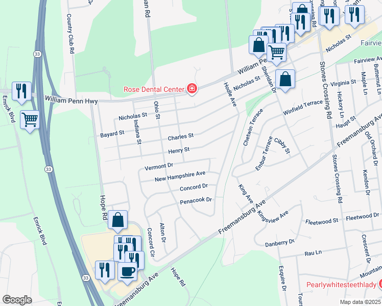 map of restaurants, bars, coffee shops, grocery stores, and more near 4540 Henry Street in Easton