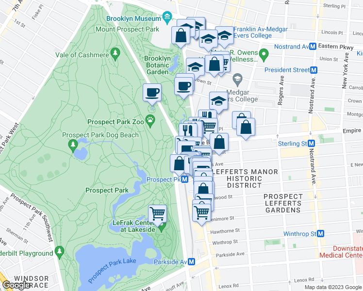 map of restaurants, bars, coffee shops, grocery stores, and more near Flatbush Avenue & Ocean Avenue in Brooklyn