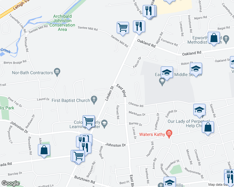 map of restaurants, bars, coffee shops, grocery stores, and more near Olivia Court in Bethlehem