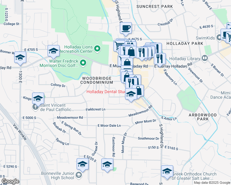 map of restaurants, bars, coffee shops, grocery stores, and more near 4874 Highland Circle in Holladay