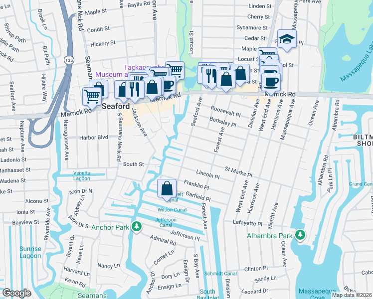 map of restaurants, bars, coffee shops, grocery stores, and more near 244 Seaford Avenue in Massapequa