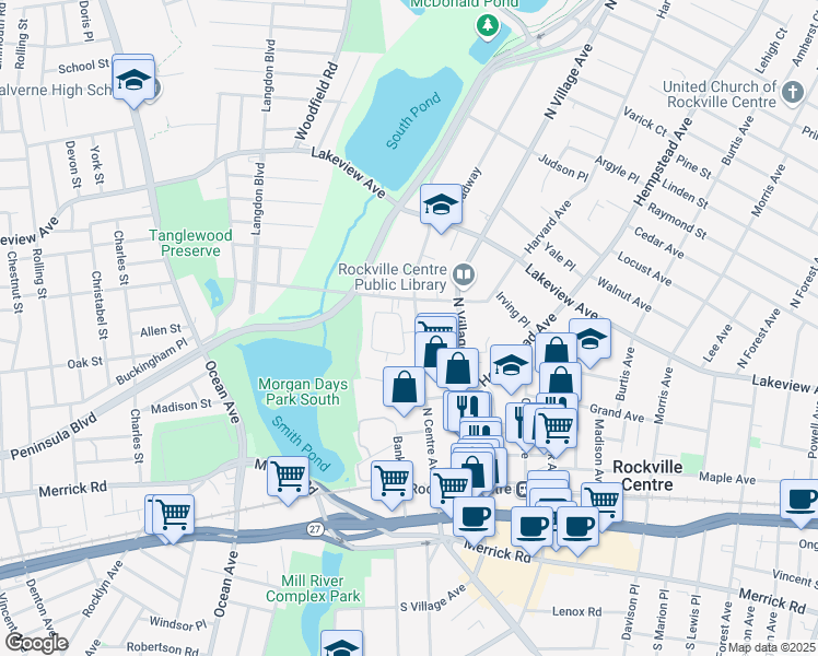 map of restaurants, bars, coffee shops, grocery stores, and more near 253 North Centre Avenue in Rockville Centre