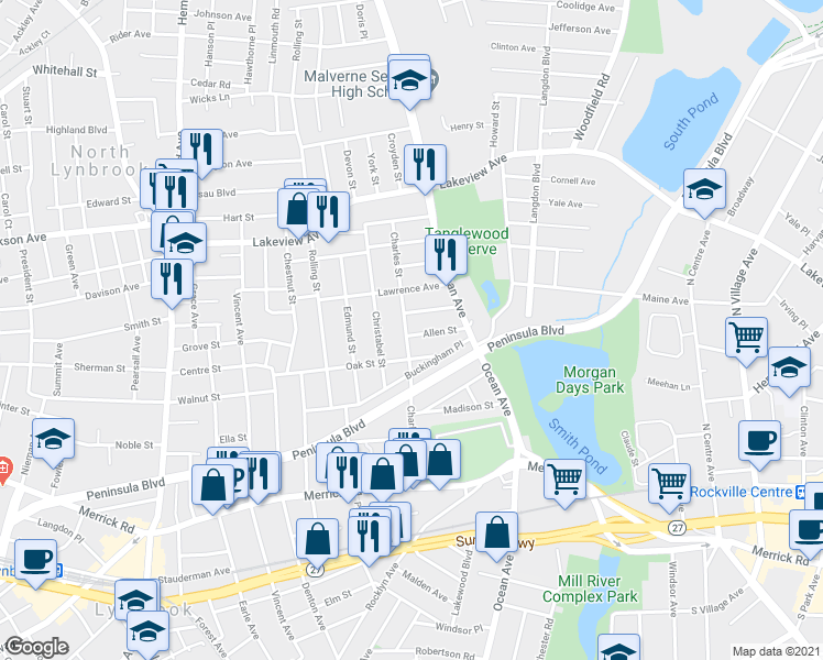 map of restaurants, bars, coffee shops, grocery stores, and more near 137 Charles Street in Lynbrook