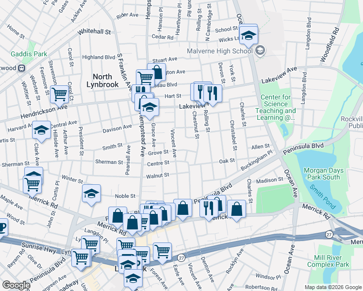map of restaurants, bars, coffee shops, grocery stores, and more near 352 Vincent Avenue in Lynbrook