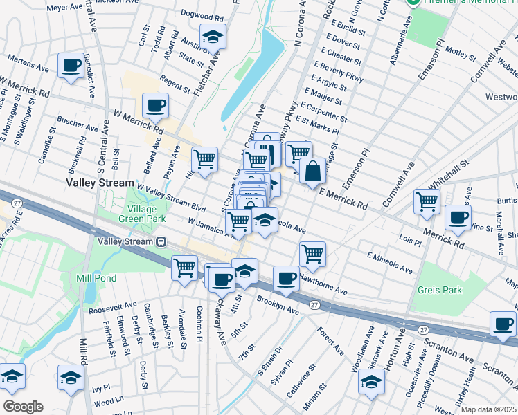 map of restaurants, bars, coffee shops, grocery stores, and more near 75 Rockaway Avenue in Valley Stream