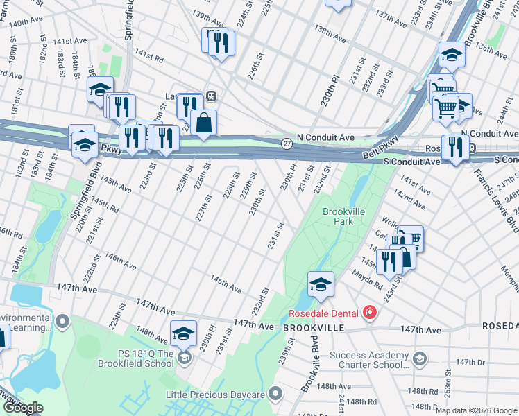map of restaurants, bars, coffee shops, grocery stores, and more near 229-07 144th Avenue in Queens