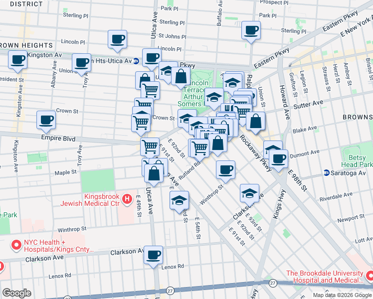 map of restaurants, bars, coffee shops, grocery stores, and more near 60 East 93rd Street in Brooklyn