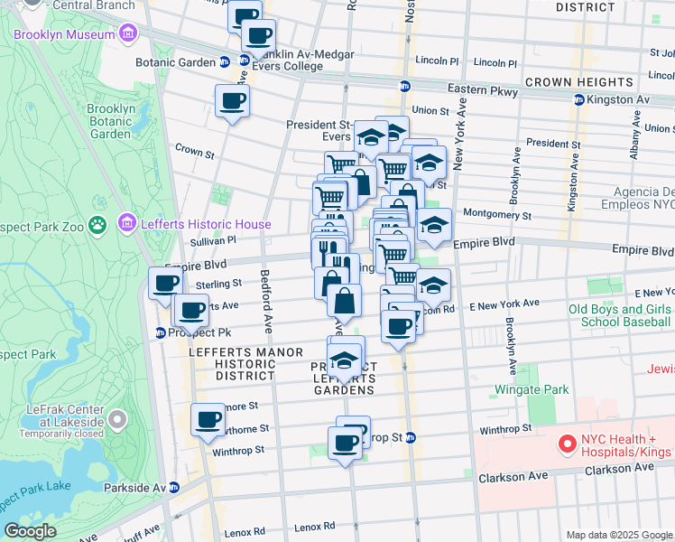 map of restaurants, bars, coffee shops, grocery stores, and more near 270 Empire Boulevard in Brooklyn