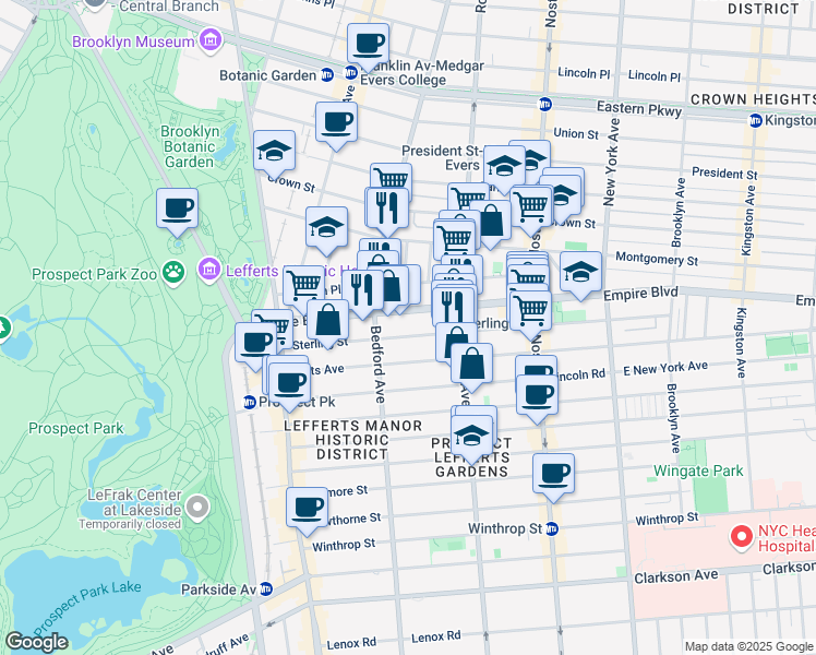 map of restaurants, bars, coffee shops, grocery stores, and more near 172 Empire Boulevard in Brooklyn