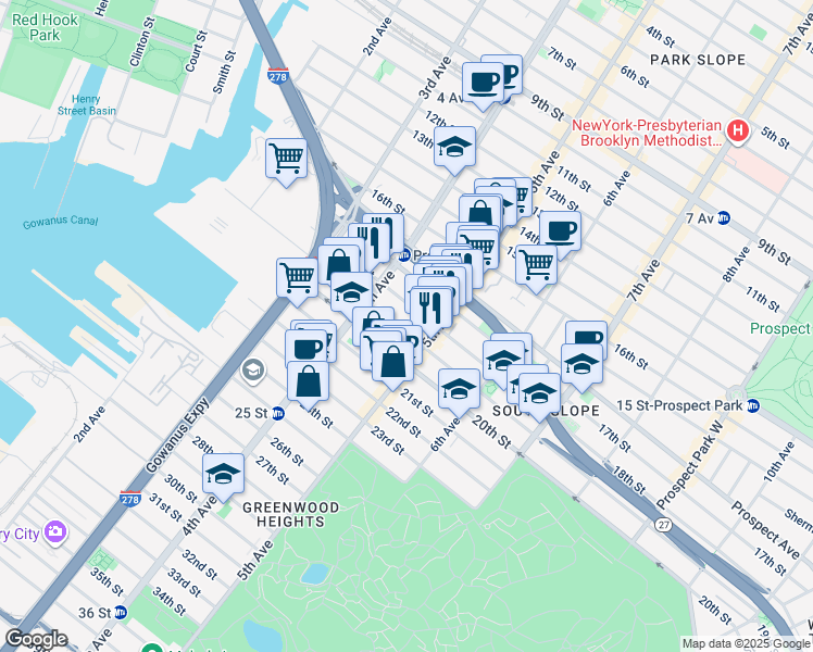 map of restaurants, bars, coffee shops, grocery stores, and more near 189 19th Street in Brooklyn