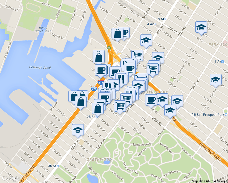 map of restaurants, bars, coffee shops, grocery stores, and more near in Brooklyn