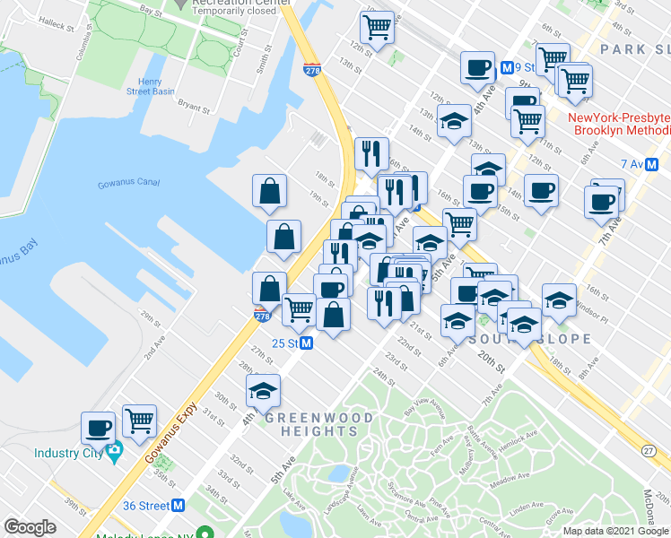 map of restaurants, bars, coffee shops, grocery stores, and more near 147 21st Street in Brooklyn