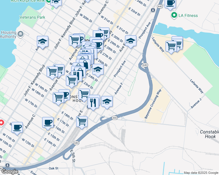 map of restaurants, bars, coffee shops, grocery stores, and more near 114 Prospect Avenue in Bayonne