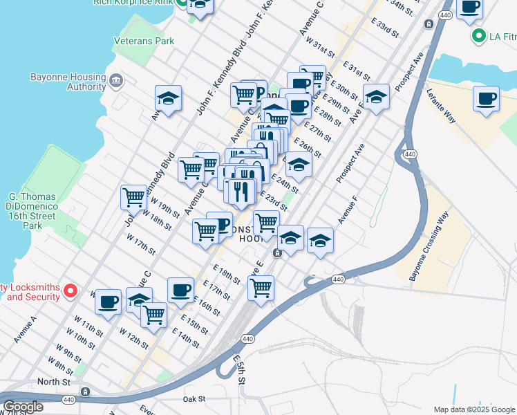 map of restaurants, bars, coffee shops, grocery stores, and more near 492 Broadway in Bayonne
