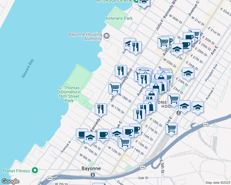 map of restaurants, bars, coffee shops, grocery stores, and more near 497 John F. Kennedy Boulevard in Bayonne