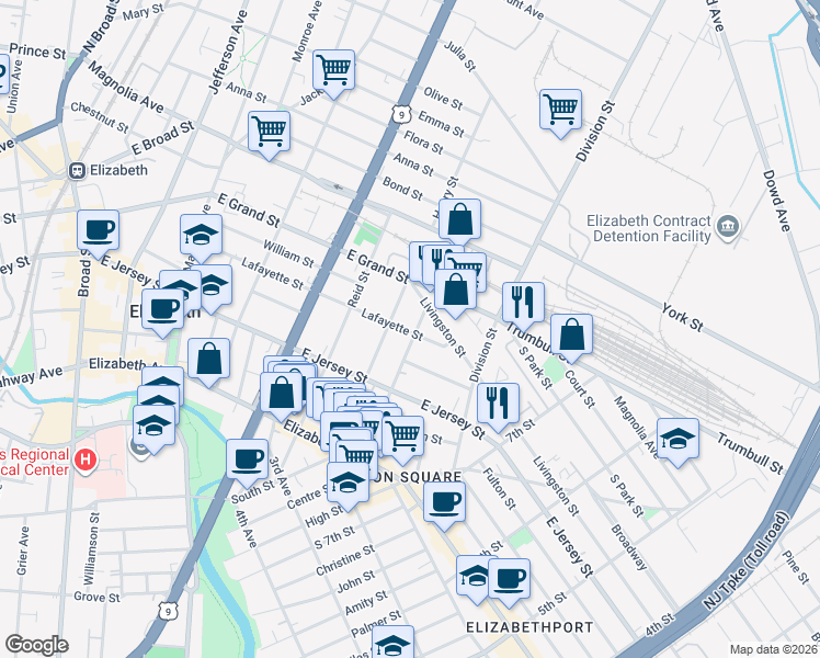 map of restaurants, bars, coffee shops, grocery stores, and more near 160 Smith Street in Elizabeth