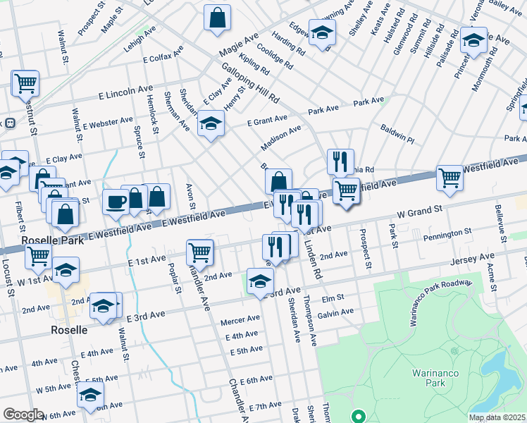 map of restaurants, bars, coffee shops, grocery stores, and more near 365 East Westfield Avenue in Roselle Park