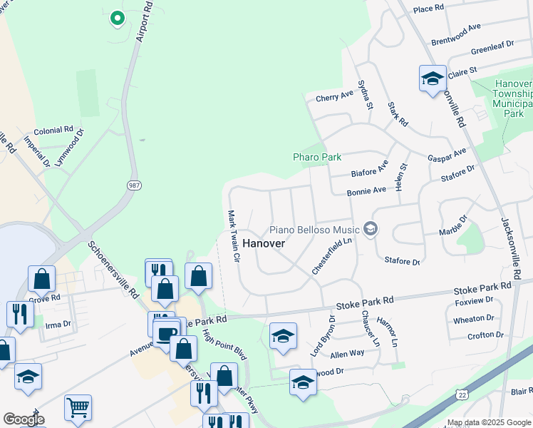 map of restaurants, bars, coffee shops, grocery stores, and more near 3655 Walt Whitman Lane in Bethlehem