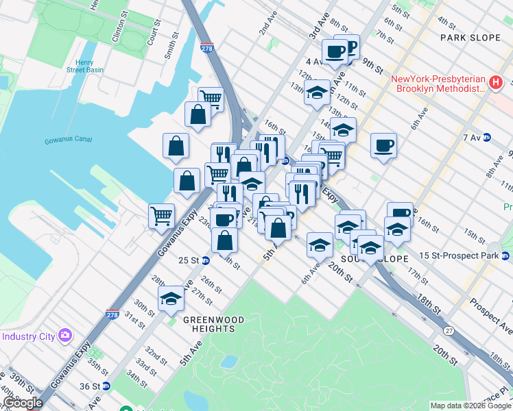 map of restaurants, bars, coffee shops, grocery stores, and more near 179 20th Street in Brooklyn