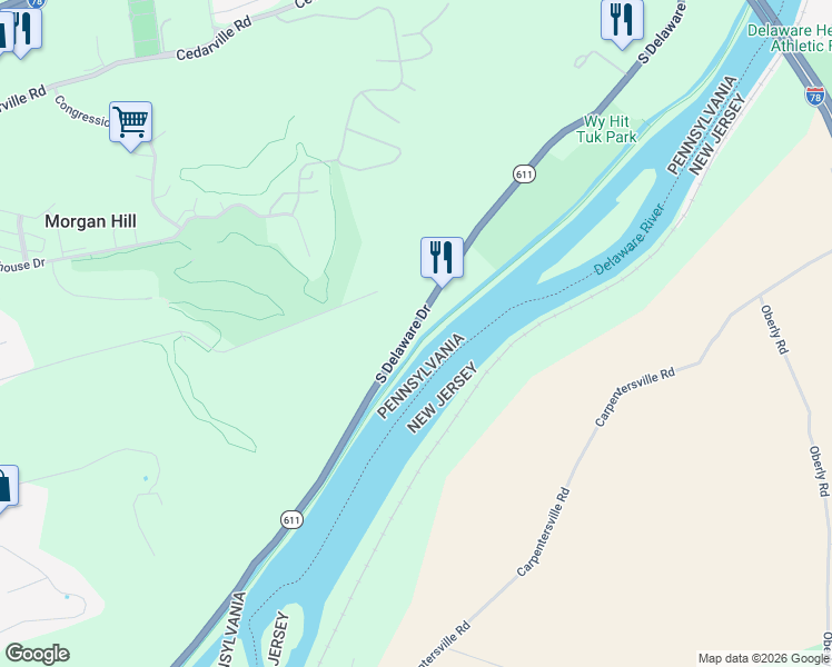 map of restaurants, bars, coffee shops, grocery stores, and more near 875 South Delaware Drive in Northampton County