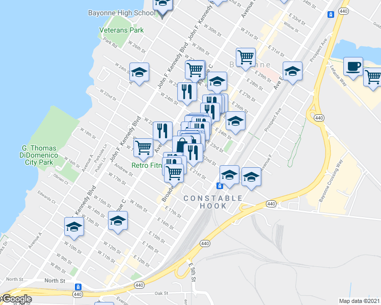 map of restaurants, bars, coffee shops, grocery stores, and more near 13 West 22nd Street in Bayonne