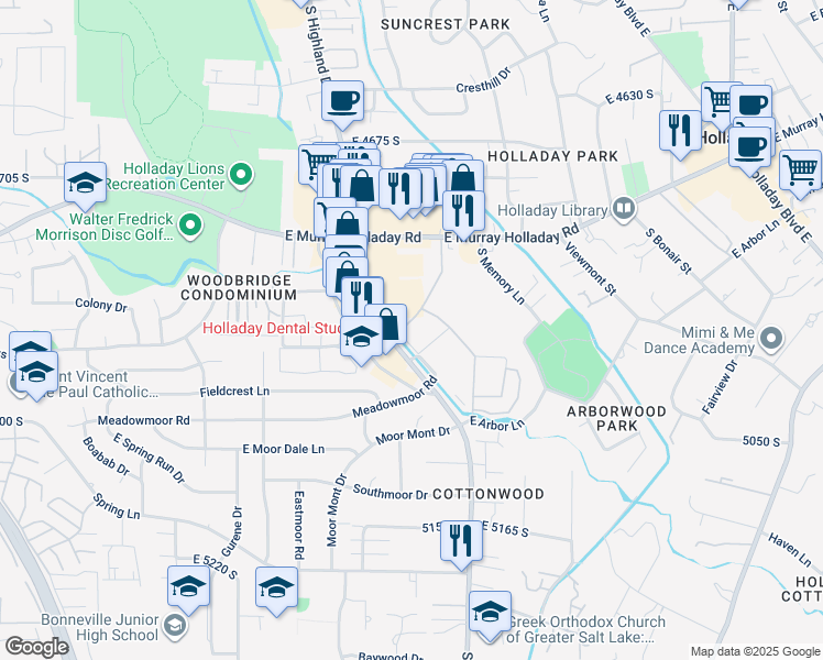 map of restaurants, bars, coffee shops, grocery stores, and more near 1920 East Rodeo Walk Drive in Holladay